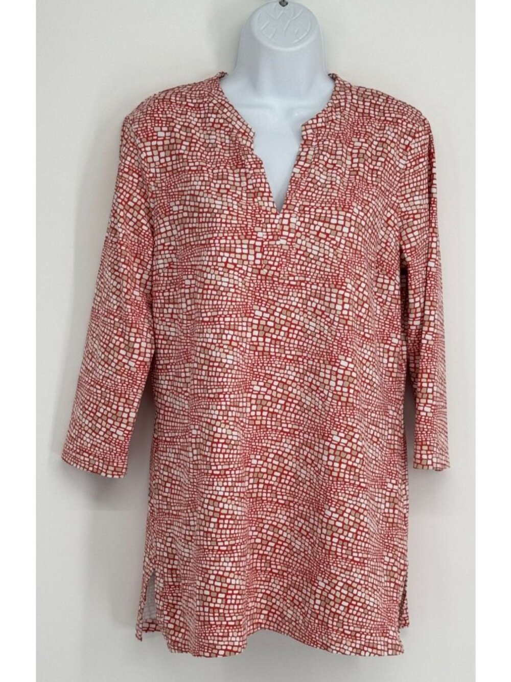 J.McLaughlin Catalina Cloth Tunic Top Size L Red White Orange Geometric Stretch